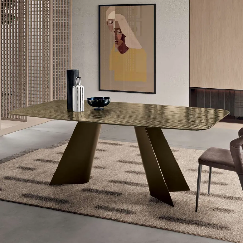 Tavolo Fisso con Base in Metallo e Piano in Vetro Rigato Made in Italy - Lumo Viadurini