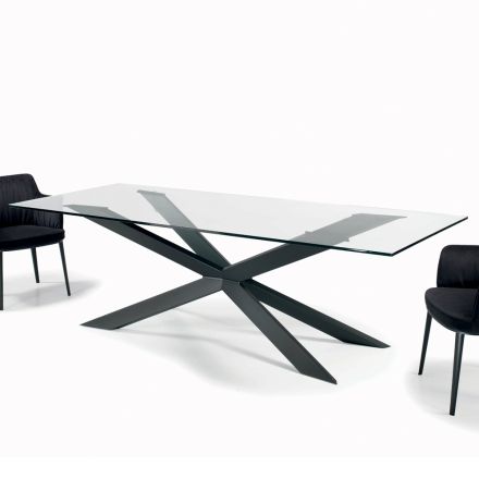 Tavolo Fisso con Bordo Reverse in Vetro Extrachiaro e Acciaio Made in Italy - Grotta Viadurini