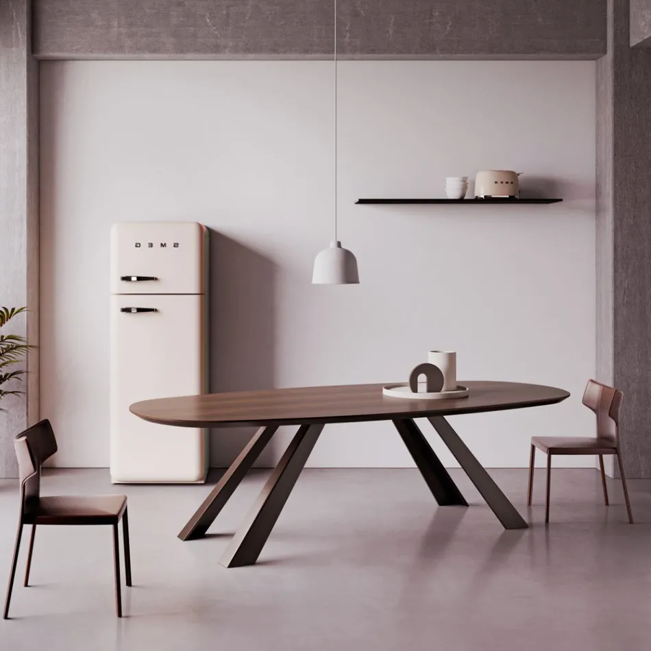 Tavolo Fisso con Piano Ellittico e Bordo Bisellato Made in Italy - Tirian Viadurini