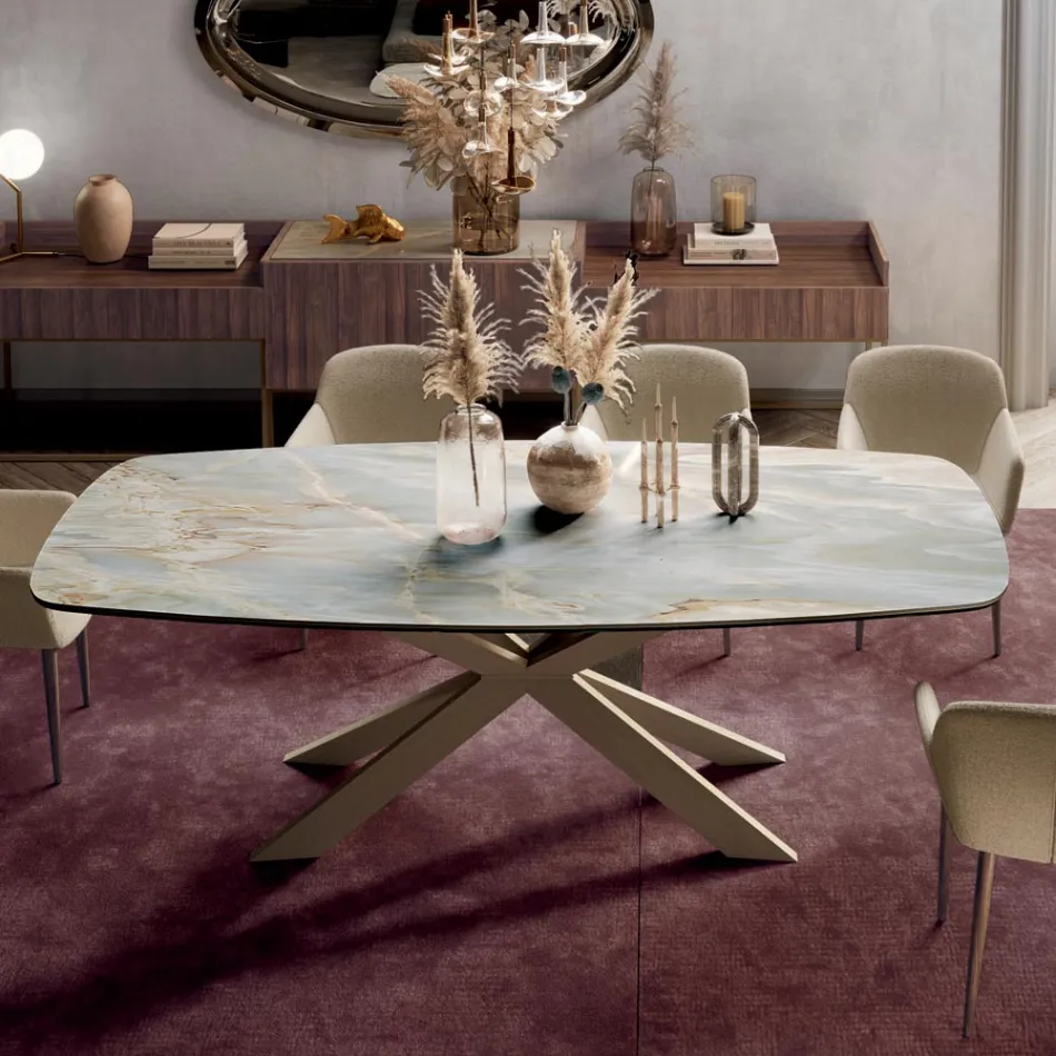 Tavolo Fisso con Piano in Ceramica Onice Argento Lucido Made in Italy - Grotta  Viadurini