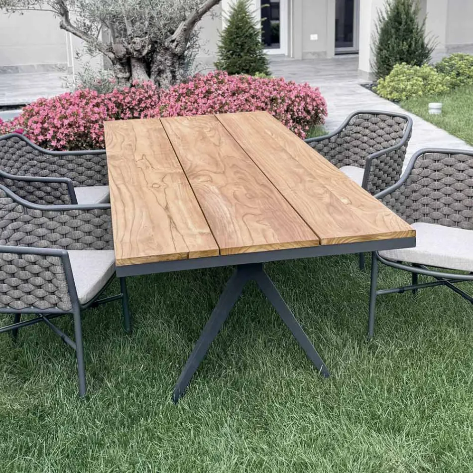 Tavolo Fisso da Esterno 220x100 cm in Alluminio e Teak Massello - Nara Viadurini