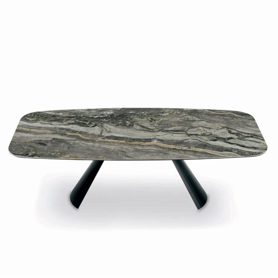 Tavolo Fisso in Ceramica e Base in Acciaio Verniciato Nero Made in Italy - Occhiali Viadurini