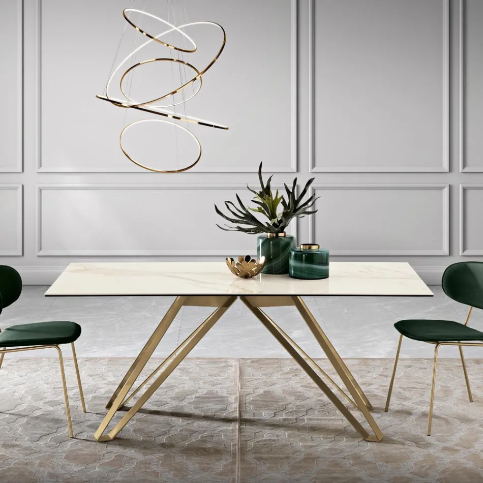 Tavolo Fisso in Vetroceramica Calacatta Oro e in Metallo Made in Italy - Meluso Viadurini