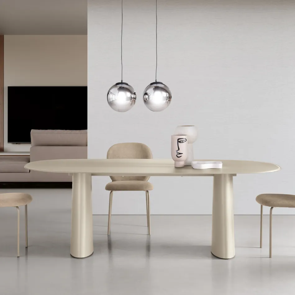 Tavolo Fisso Per Dieci Persone con Piano in Vetro e Base in Mdf - Venia Viadurini