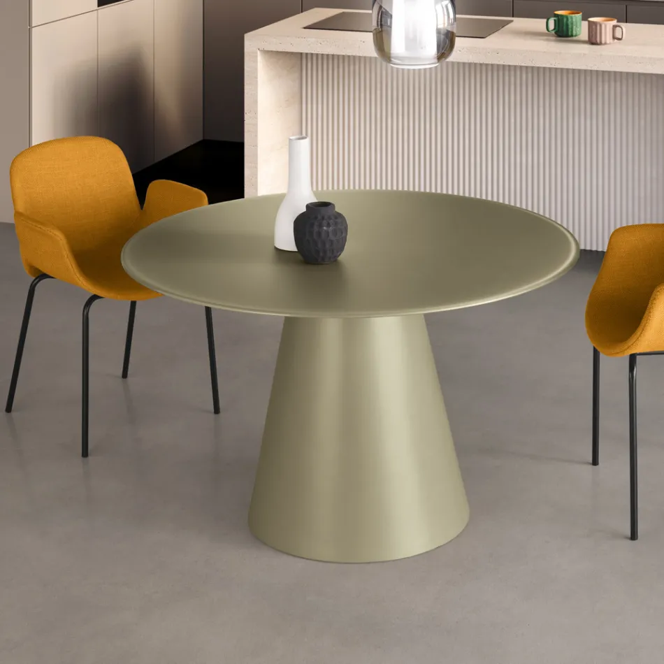 Tavolo Fisso Tondo da Quattro Persone Base in Mdf e Vetro Opaco - Lumen Viadurini