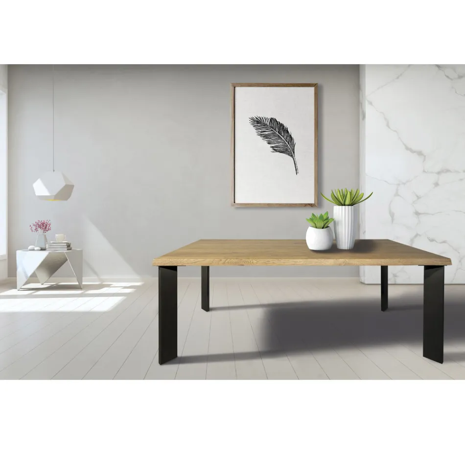 Tavolo in Rovere Nodato Masellato e Gambe in Metallo Made in Italy - Vicente Viadurini