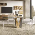 Tavolo Living in Cristallo con Base Legno e Metallo Made in Italy – Dementor Viadurini
