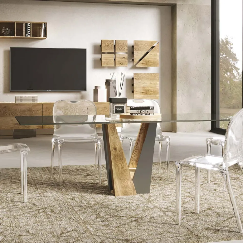 Tavolo Living in Cristallo con Base Legno e Metallo Made in Italy – Dementor Viadurini