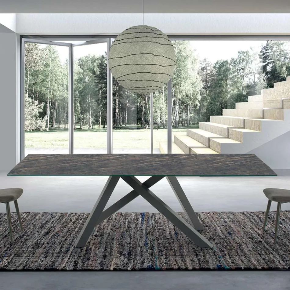 Tavolo Moderno Rettangolare in Ceramica e Acciaio Made in Italy – Settimmio Viadurini
