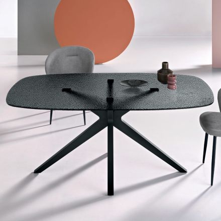 Tavolo Ovale 180x100 cm in Vetro Martellato Fumè e Metallo - Domus Viadurini