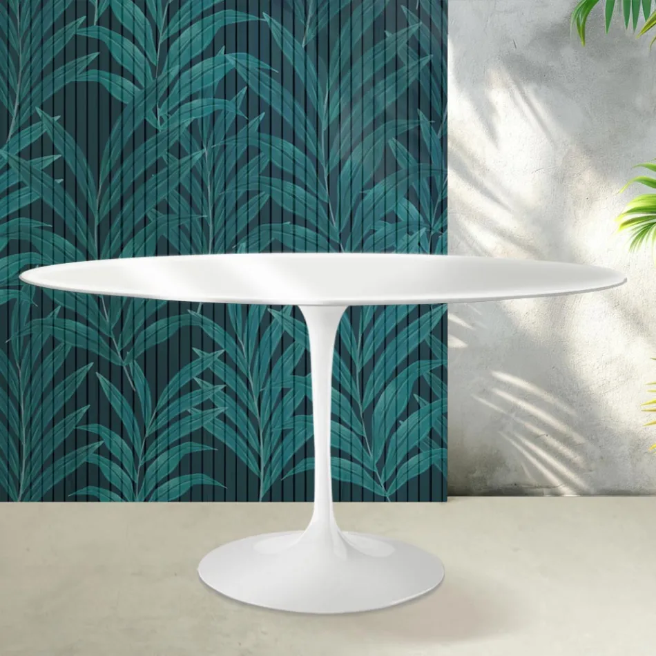 Tavolo Ovale Tulip Saarinen H 74 cm in Ceramica Florim Bianco Lucido - Scarlet Viadurini