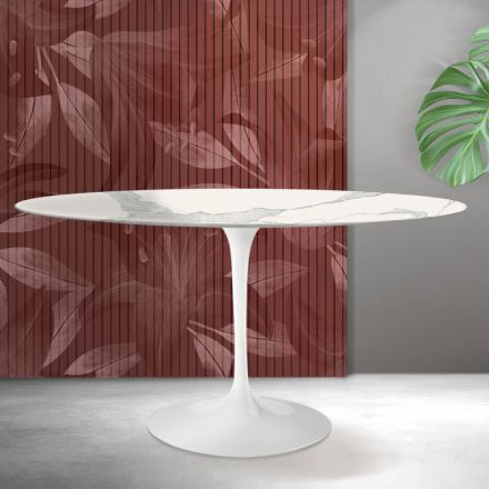 Tavolo Ovale Tulip Saarinen H 74 cm in Ceramica Florim Statuario Opaco - Scarlet Viadurini