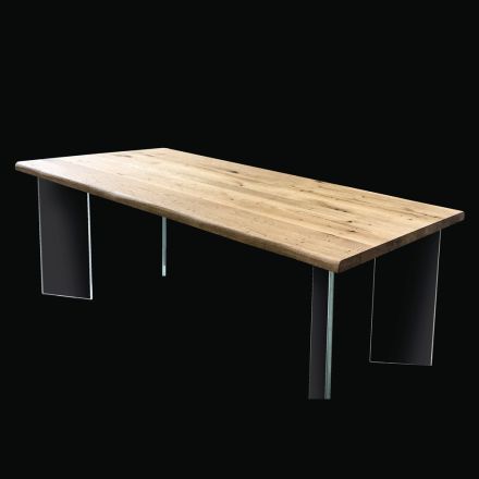 Tavolo Placcato in Rovere Nodato Masellato e Cristallo Made in Italy - Vicente Viadurini