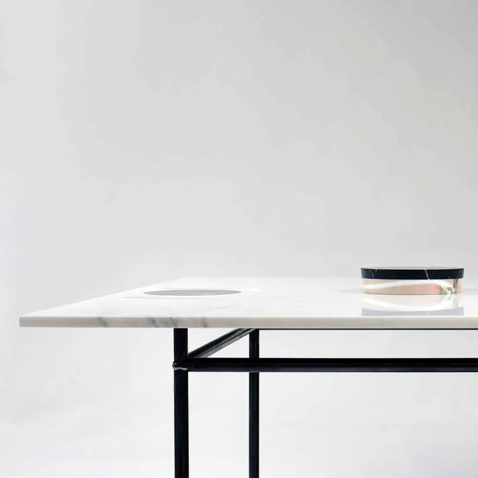 Tavolo Pranzo Quadrato con Vaso e Intarsio in Marmo 140 cm di Lusso - Vesuvio Viadurini