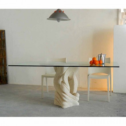 Tavolo rettangolare in pietra con piano in cristallo di design Ascanio Viadurini