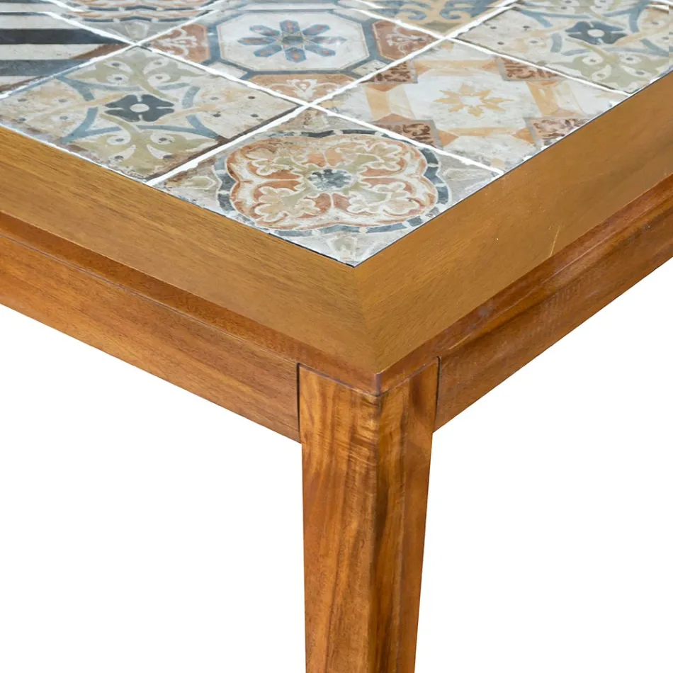 Tavolo Rettangolare Realizzato in Legno di Acacia e Piano in Ceramica - Tecnica Viadurini
