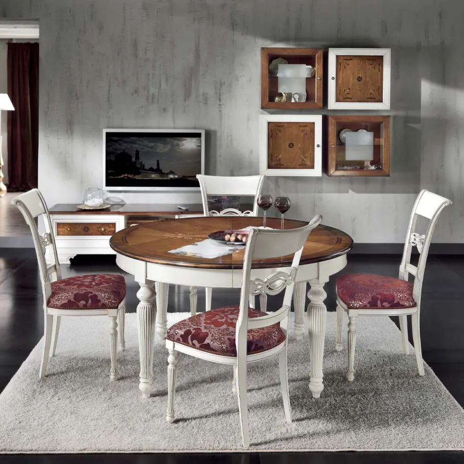 Tavolo Rotondo Allungabile con Intarsio e 4 Sedie Made in Italy - Alite Viadurini