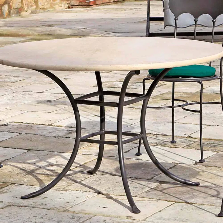 Tavolo Rotondo da Esterno con Piano in Travertino Made in Italy - Scozia Viadurini