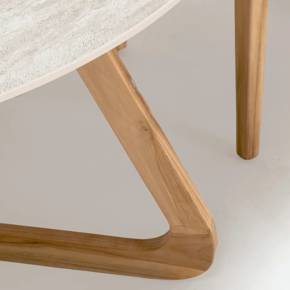 Tavolo Rotondo da Esterno in Ceramica Travertino Chiaro Made in Italy - Pegaso Viadurini