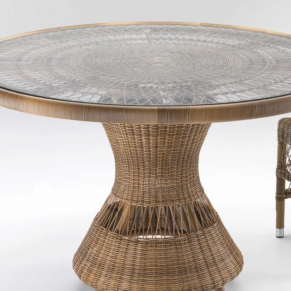 Tavolo Rotondo da Esterno in Polyrattan con Piano in Vetro - Gigi Viadurini