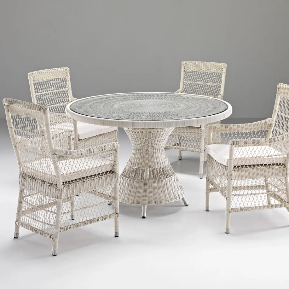 Tavolo Rotondo da Esterno in Polyrattan con Piano in Vetro - Gigi Viadurini