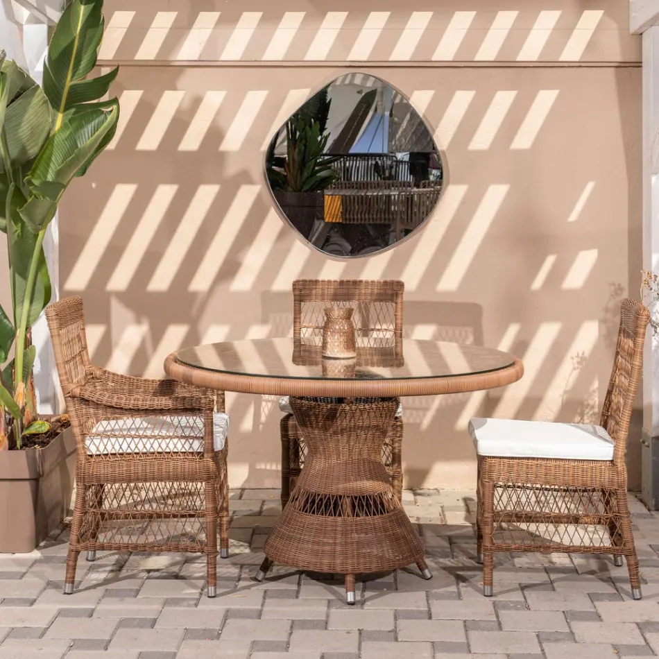 Tavolo Rotondo da Esterno in Polyrattan con Piano in Vetro - Gigi Viadurini