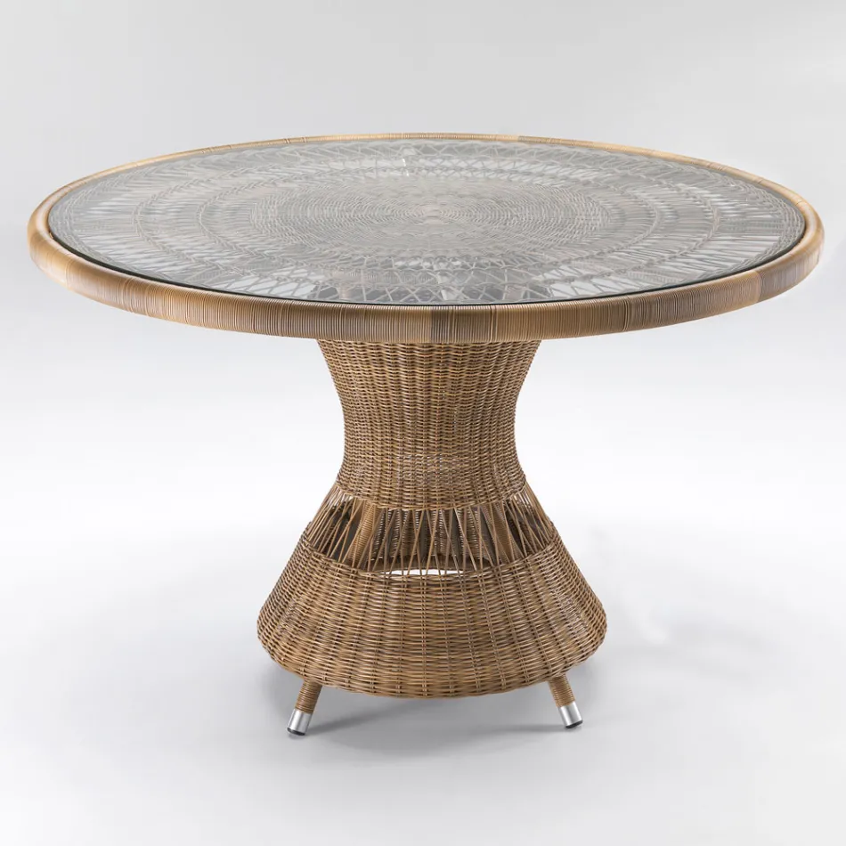 Tavolo Rotondo da Esterno in Polyrattan con Piano in Vetro - Gigi Viadurini