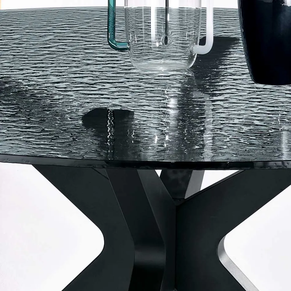 Tavolo Rotondo Diametro 140 cm in Vetro Martellato Fumè e Metallo - Domus Viadurini