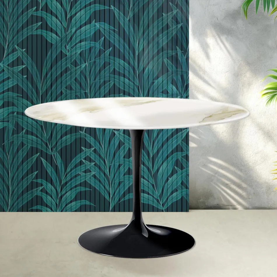 Tavolo Rotondo Tulip Saarinen H 74 cm in Ceramica Florim Calacatta Gold Lucido - Scarlet Viadurini