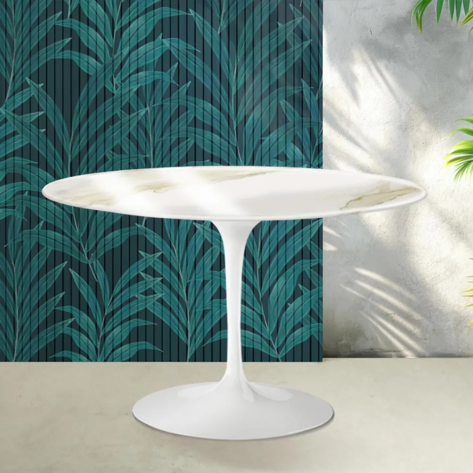 Tavolo Rotondo Tulip Saarinen H 74 cm in Ceramica Florim Calacatta Gold Lucido - Scarlet Viadurini