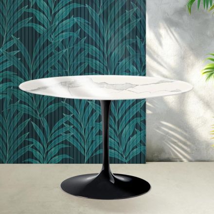 Tavolo Rotondo Tulip Saarinen H 74 cm in Ceramica Florim Statuario Lucido - Scarlet Viadurini
