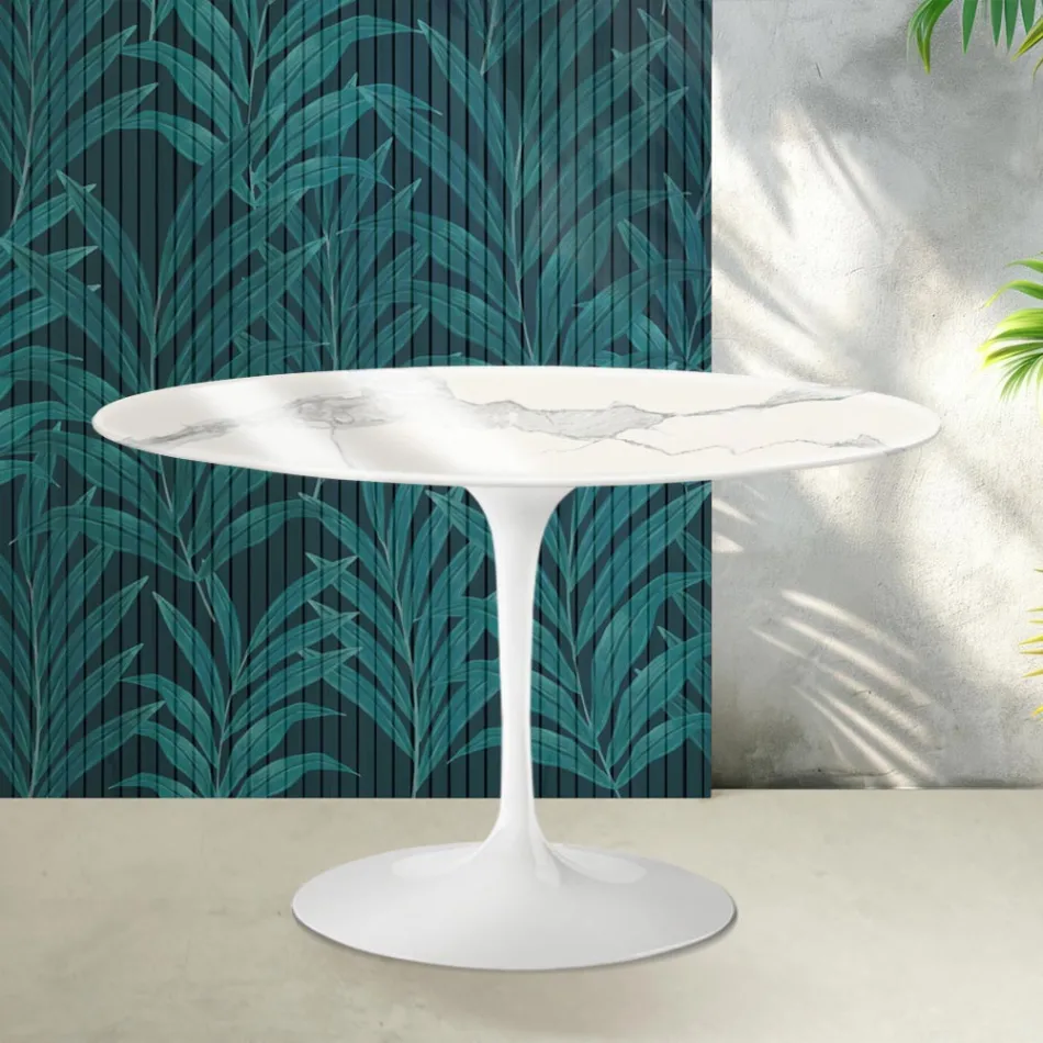 Tavolo Rotondo Tulip Saarinen H 74 cm in Ceramica Florim Statuario Lucido - Scarlet Viadurini