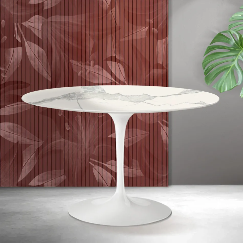 Tavolo Rotondo Tulip Saarinen H 74 cm in Ceramica Florim Statuario Opaco - Scarlet Viadurini