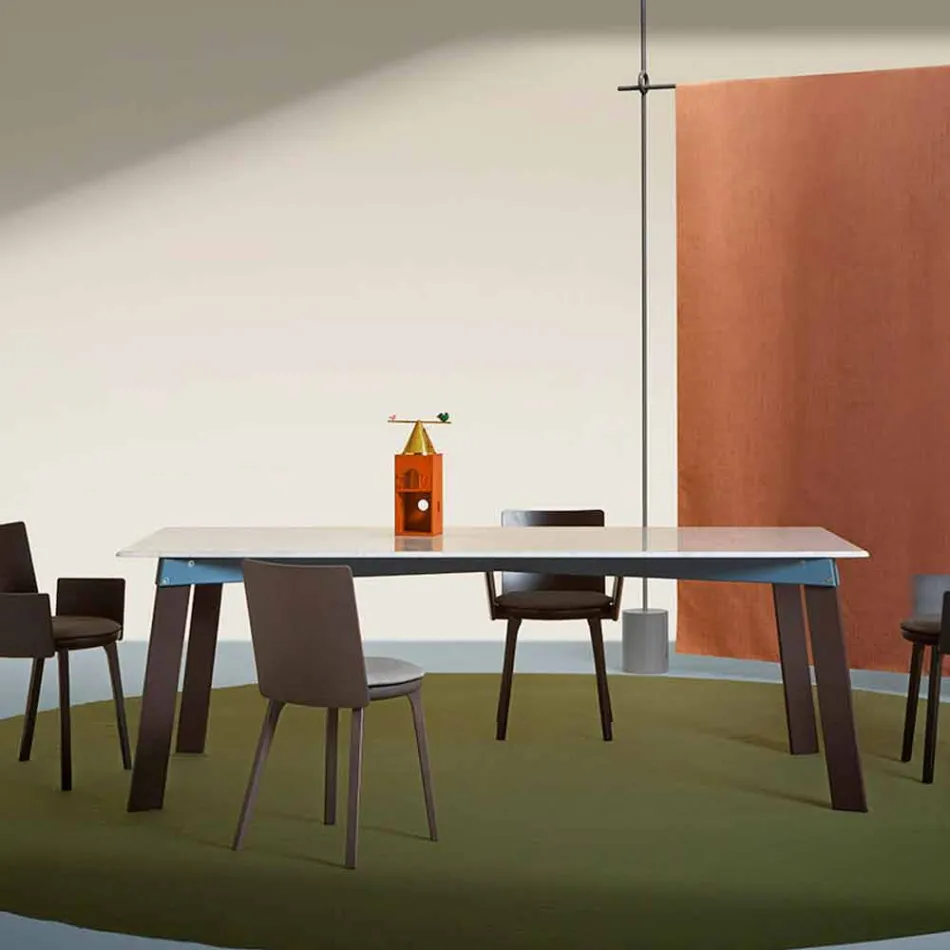 Tavolo Soggiorno Moderno in Acciaio con Piano in Marmo di Design - Aronte Viadurini