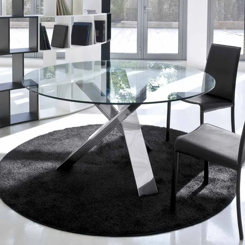 Tavolo tondo di design d.120 piano in cristallo made in Italy Cristal Viadurini