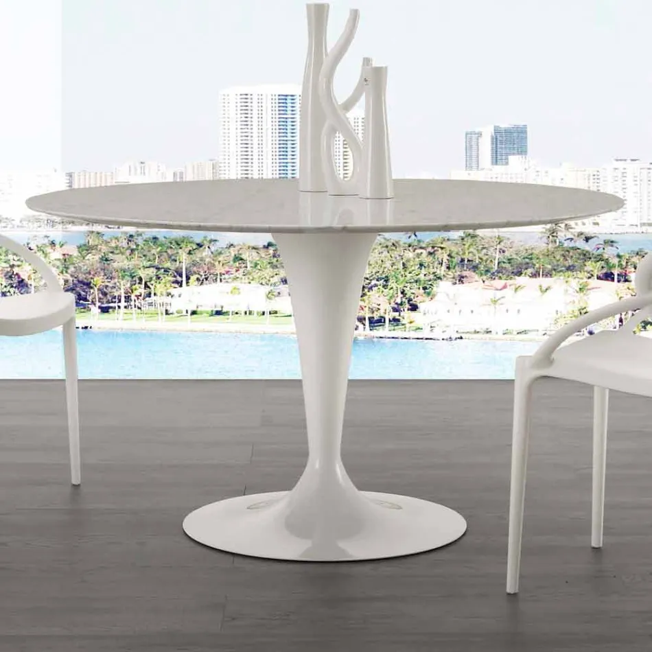Tavolo tondo diametro 120 cm con piano in marmo carrara bianco Rimini Viadurini