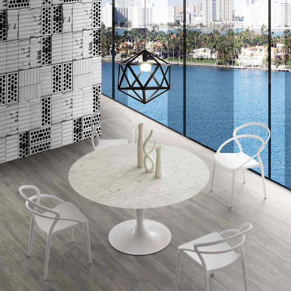 Tavolo tondo diametro 120 cm con piano in marmo carrara bianco Rimini Viadurini
