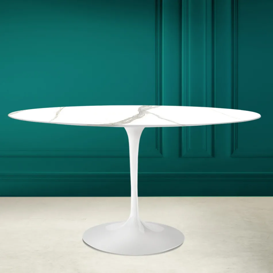 Tavolo Tulip Eero Saarinen H 73 Ovale in Ceramica Calacatta Michelangelo Viadurini