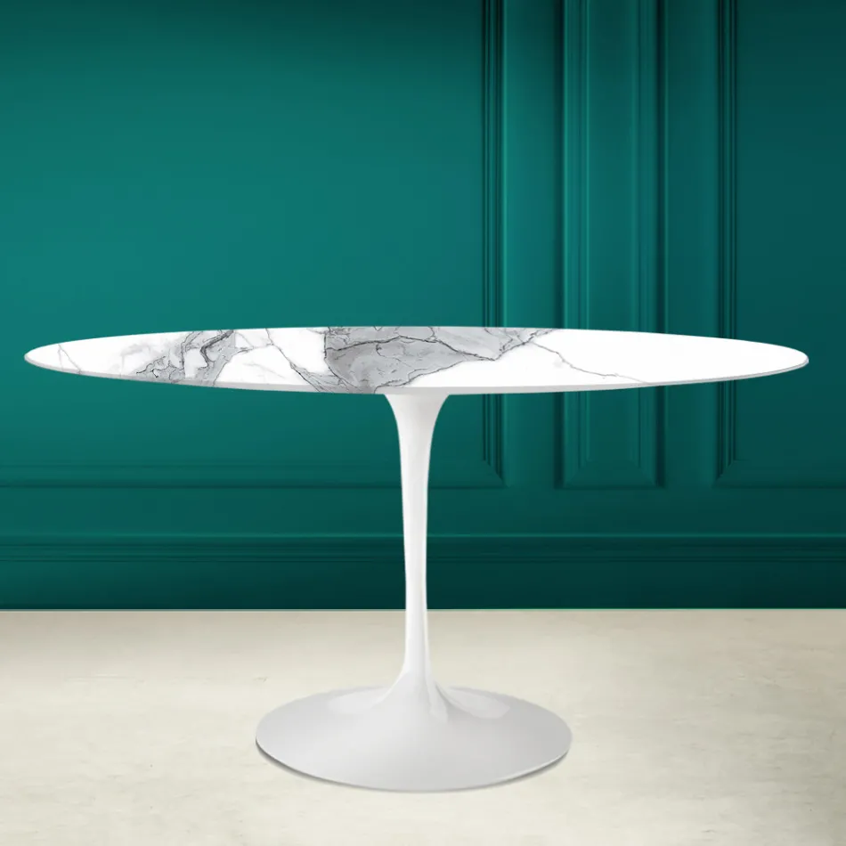 Tavolo Tulip Eero Saarinen H 73 Ovale in Ceramica Statuario Altissimo Made in Italy - Scarlet Viadurini
