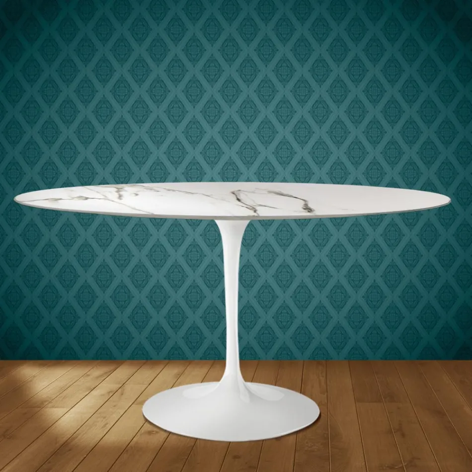 Tavolo Tulip Eero Saarinen H 74 Ovale in Ceramica Aura 22 Made in Italy - Scarlet Viadurini