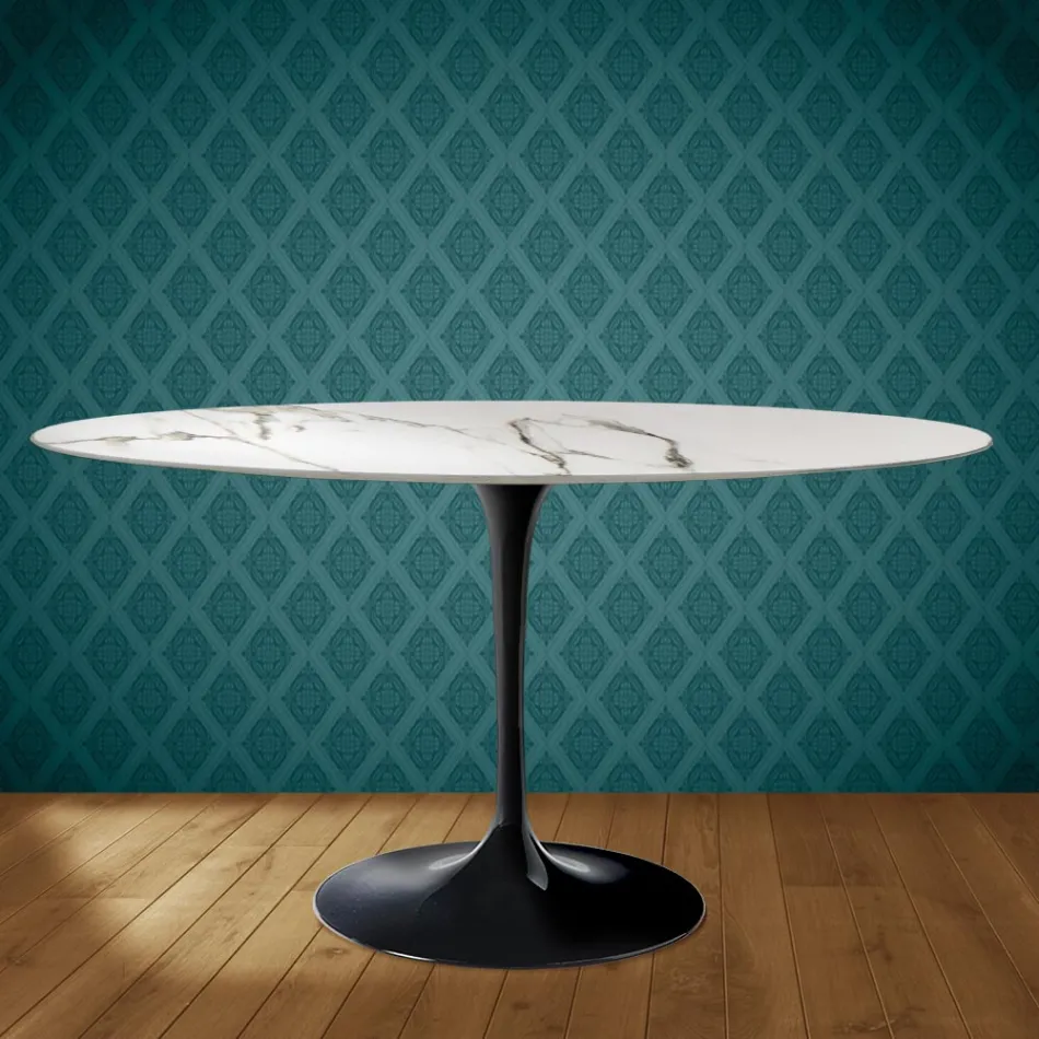 Tavolo Tulip Eero Saarinen H 74 Ovale in Ceramica Aura 22 Made in Italy - Scarlet Viadurini