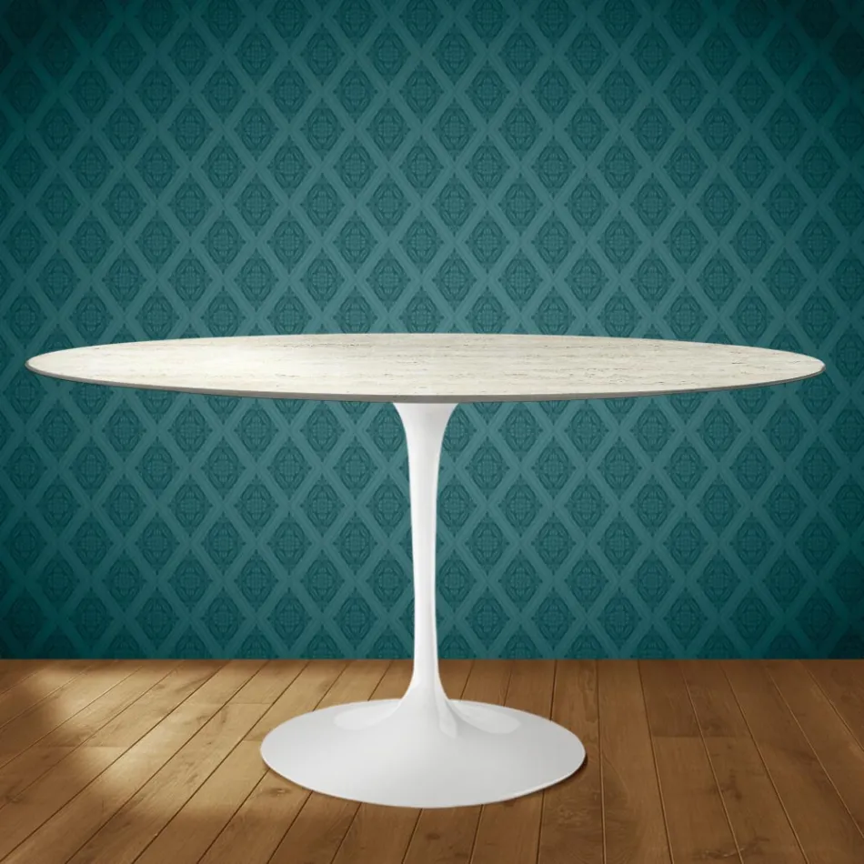 Tavolo Tulip Eero Saarinen H 74 Ovale in Ceramica Marmorio Made in Italy - Scarlet Viadurini