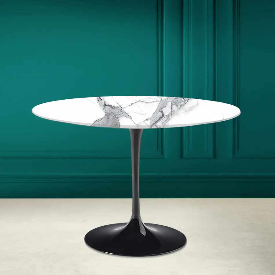 Tavolo Tulip Saarinen H 73 Rotondo in Ceramica Statuario Altissimo Made in Italy - Scarlet Viadurini