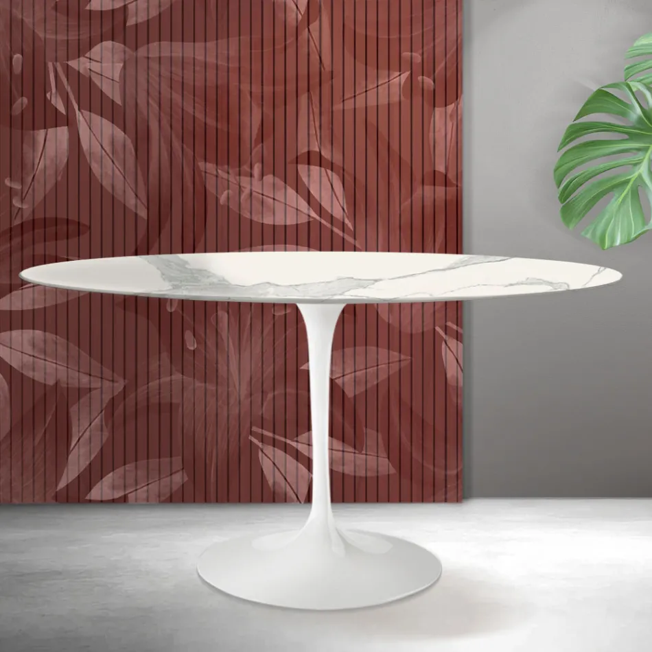 Tavolo Tulip Saarinen H 74 cm Rotondo in Ceramica Florim Statuario Opaco - Scarlet Viadurini