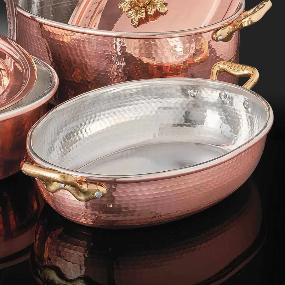 Tegame in Rame Stagnato a Mano Design Ovale con Coperchio 36x26 cm - Mariachiara Viadurini