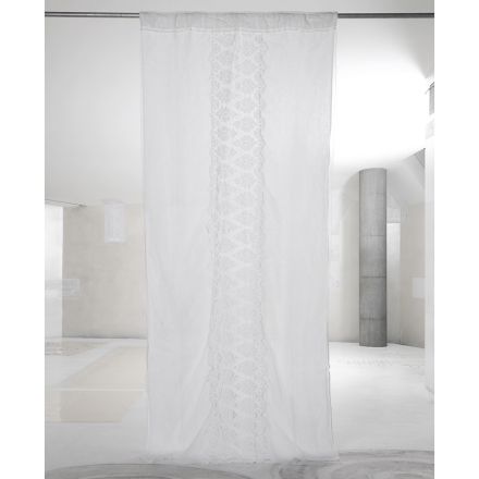 Tenda di Lino Leggero con Organza e Ricamo Bianca di Lusso Italiano - Marinella Viadurini