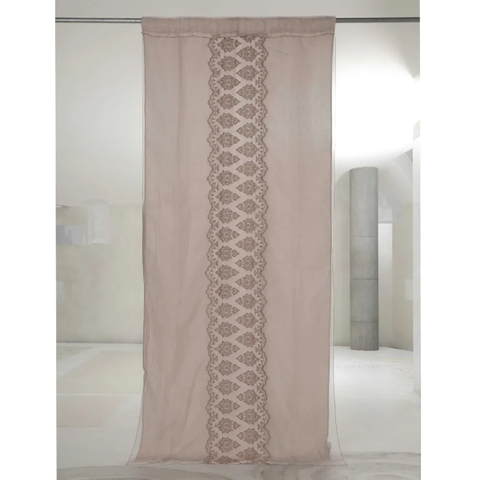 Tenda di Lino Leggero con Organza e Ricamo Gotico al Centro di Lusso - Marinella Viadurini