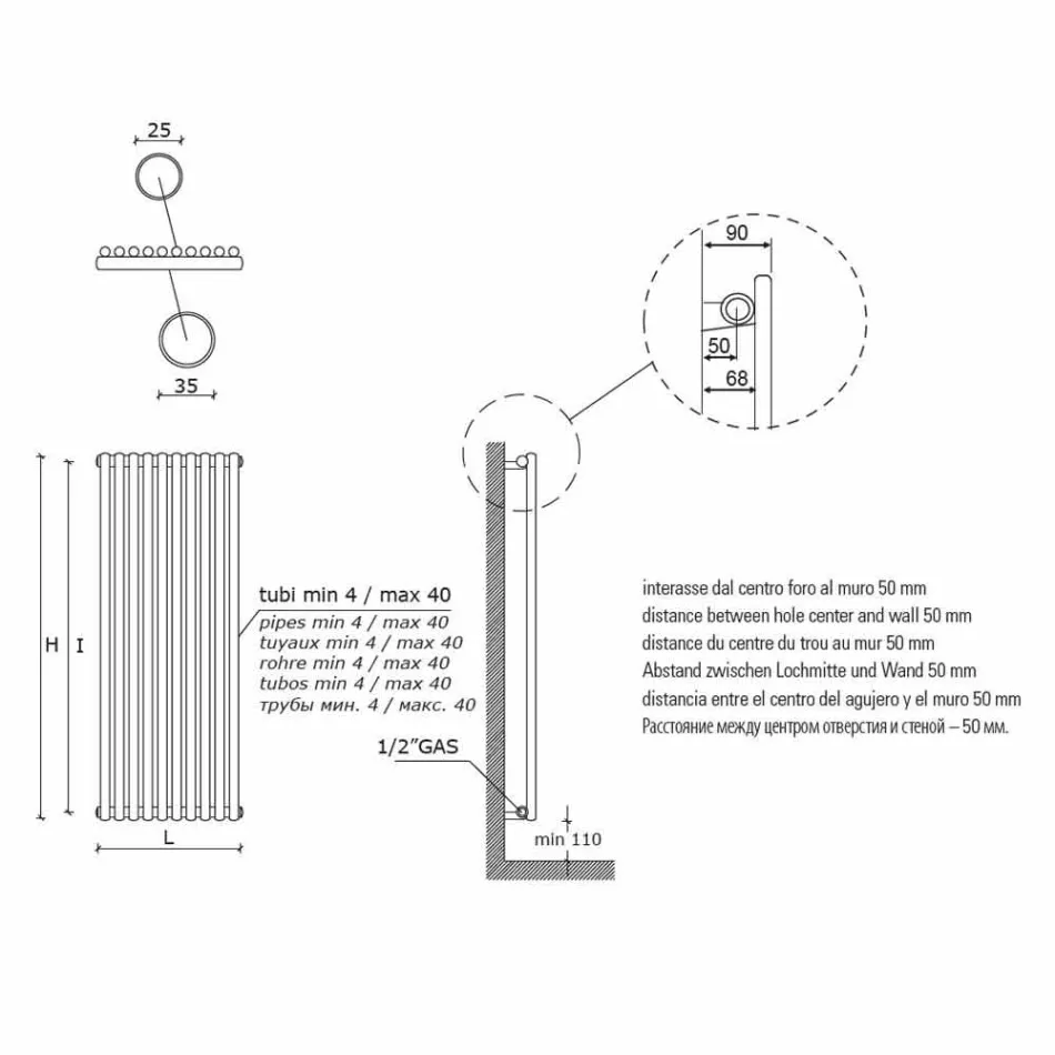 Termoarredo a Parete Verticale in Acciaio Design Moderno 1017 Watt - Zigolo Viadurini