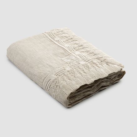 Tovaglia in Lino Beige Rettangolare con Cornice Pizzo Nappine di Lusso - Zippel Viadurini