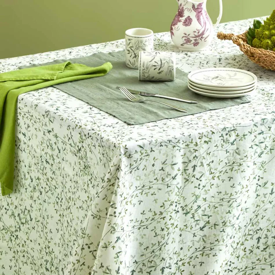 Tovaglia in Lino Stampato con Delicata Fantasia Vegetale Made in Italy - Velvet Viadurini